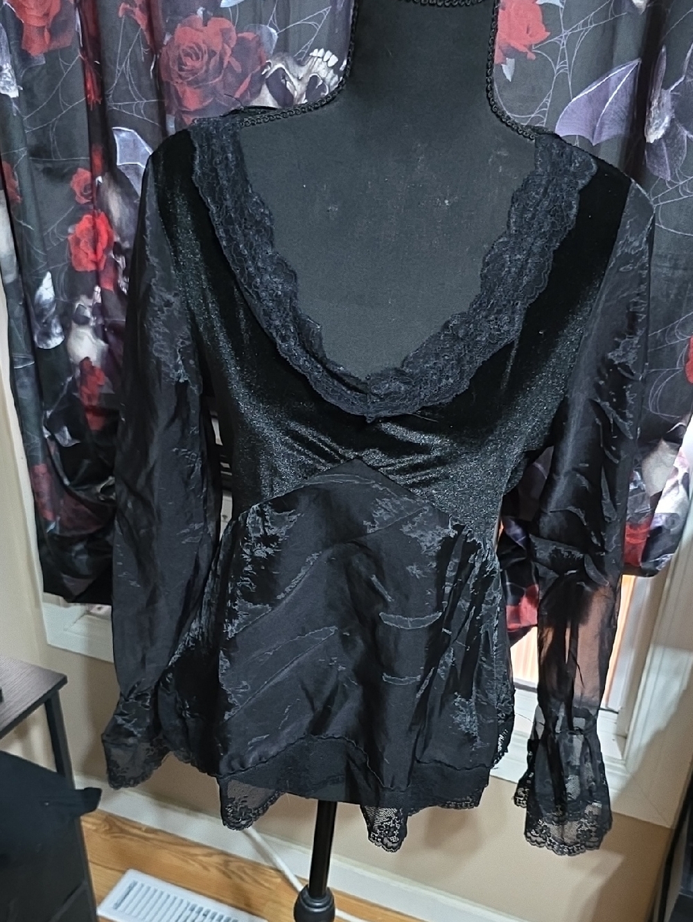 Black Faux Velvet Lace-Trim Satin Gothic Blouse
